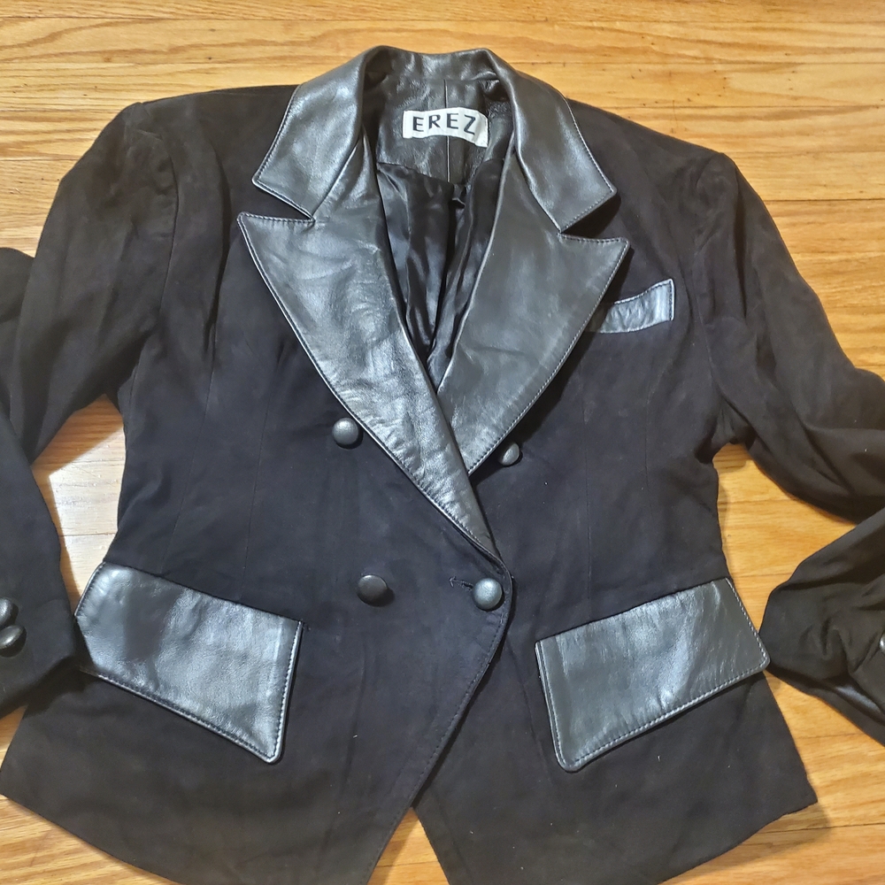 EREZ RARE  SUEDE LEATHER BLACK  Women's Blazer with Leather Details SZ S